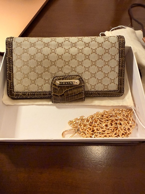 Celine Handbags - Celine Beige Monogram Canvas Wallet with Brown Leather Trim and Gold Chain